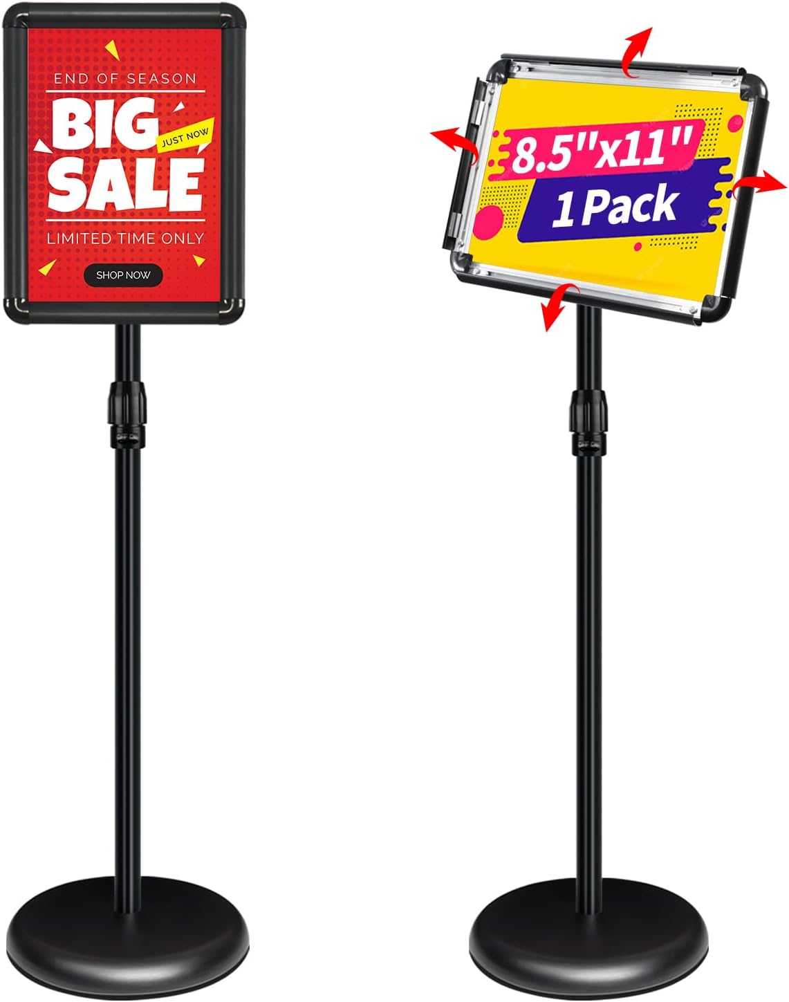 Adjustable Pedestal Sign Holder Stand 8.5''x11'', Floor Standing Poster Sign Stand, Aluminum Frame for Vertical/Horizontal View Sign Stand,Outdoor/Indoor Standing Sign Holders(Black, Round)