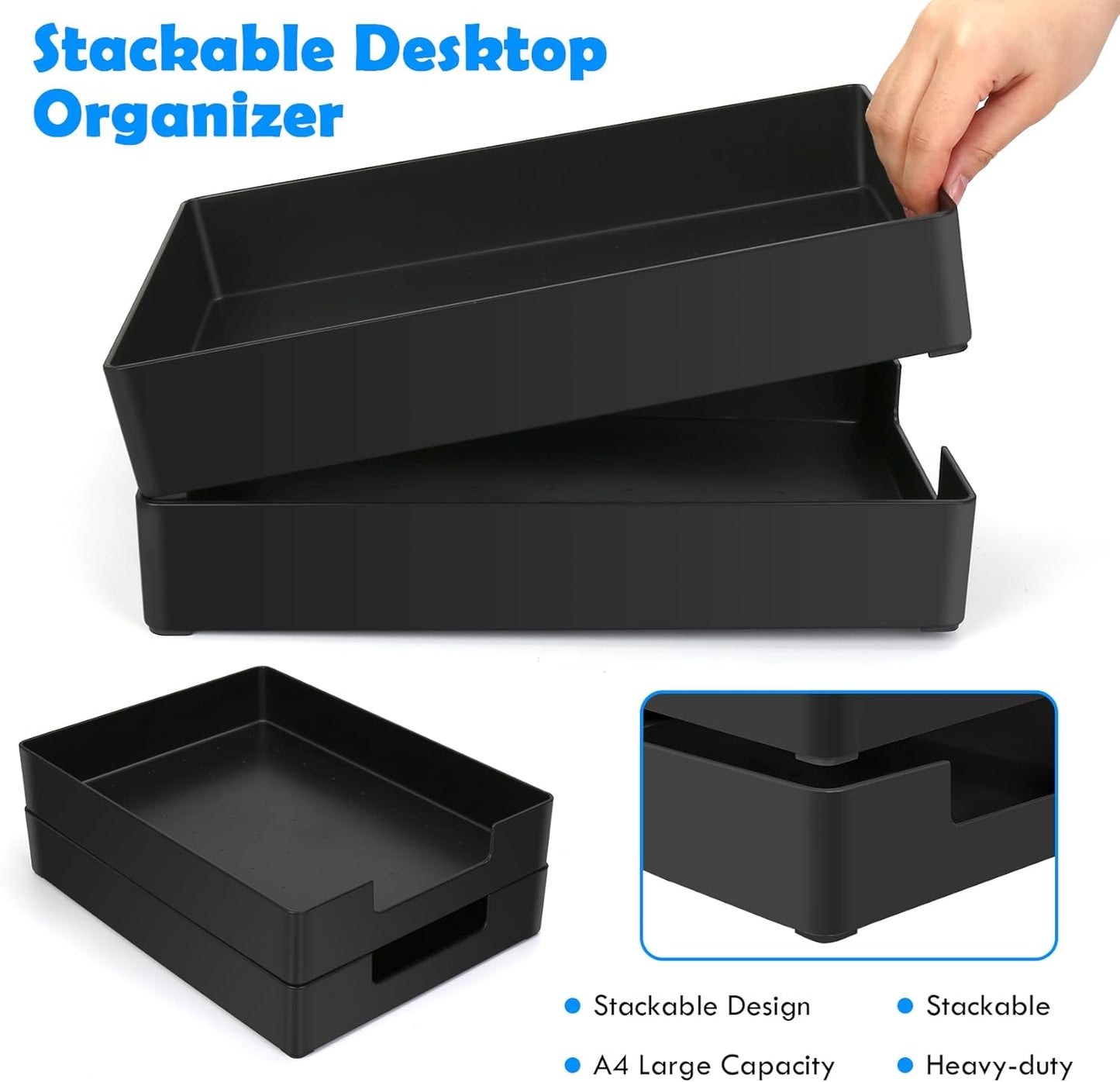 Letter-Size Tray, 2PCS Plastic Stackable A4 Paper Tray, Desk Drawer Organizer, Multi-use Large Storage Basket for Office Home Supplies,13 x 9.6 inch