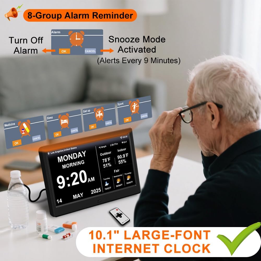 2025 Digital Clock with Weather Forecast & Temperature/Humidity Large Display,Auto Time Sync, Custom Alarms & Medication Reminders, Elderly Memory Loss