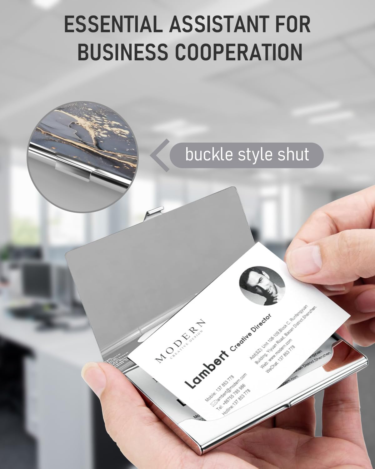 Business Card Metal Slim Organizer, Professional Stainless Steel Square Pocket Wallet for Office Workers, Compact and Portable for Pockets (Grey Gold Marble)