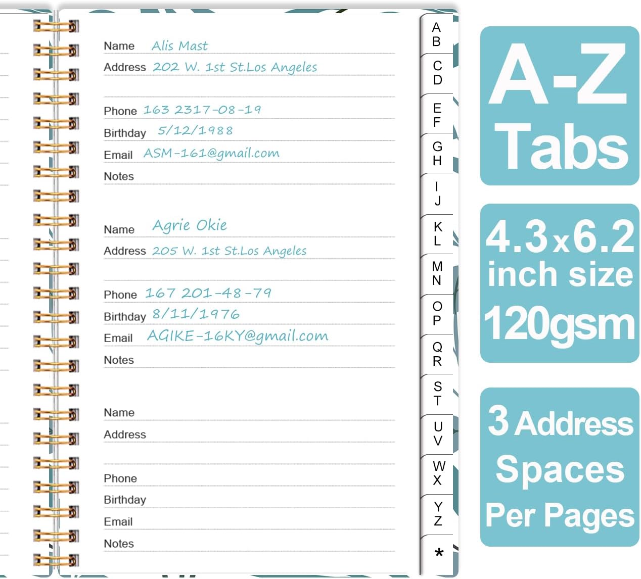 Address Book with Alphabetical Tabs - Small Address Book Spiral with Address Contacts, Special Date, Phone, Birthday & Internet Login Password for Home and Office, 4.3" x 6.2", Teal Leaf