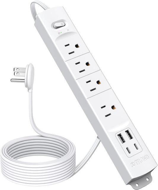 TROND Flat Plug Power Strip USB-10ft Flat Extension Cord Surge Protector Wall Mount, 2 USB C & 2 USB A Ports with Multiple Outlets, 1440J, 1625W for Office Supplies Dorm Room Essentials, White