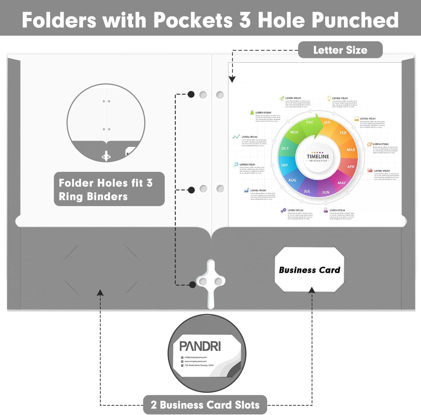Two Pocket Portfolio Folders, PANDRI 60 Pack 3 Hole Punched 2 Pocket Folders for 3 Ring Binder, Letter Size Paper File Folder for School Office Home Business, Grey