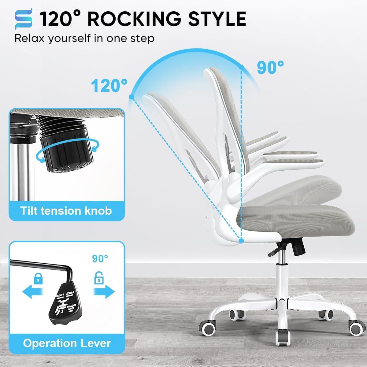 Sytas Ergonomic Desk Chair with Padded Flip up Arms and Supportive Lumbar Support, Breathable Mesh Home Office Chair with Comfortable Cushion for Home or Office(Gray)