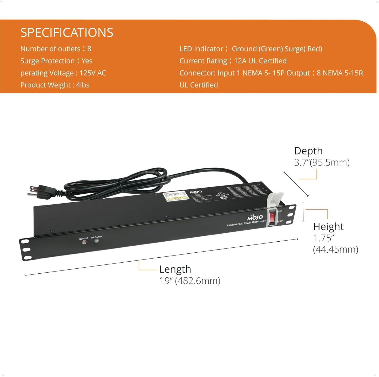 Tecmojo 1U Rack-Mount Horizontal 8-Outlet Power Strip UL Listed PDU with Surge Protection 6ft Cord Power Distribution for IT and Network Server Racks