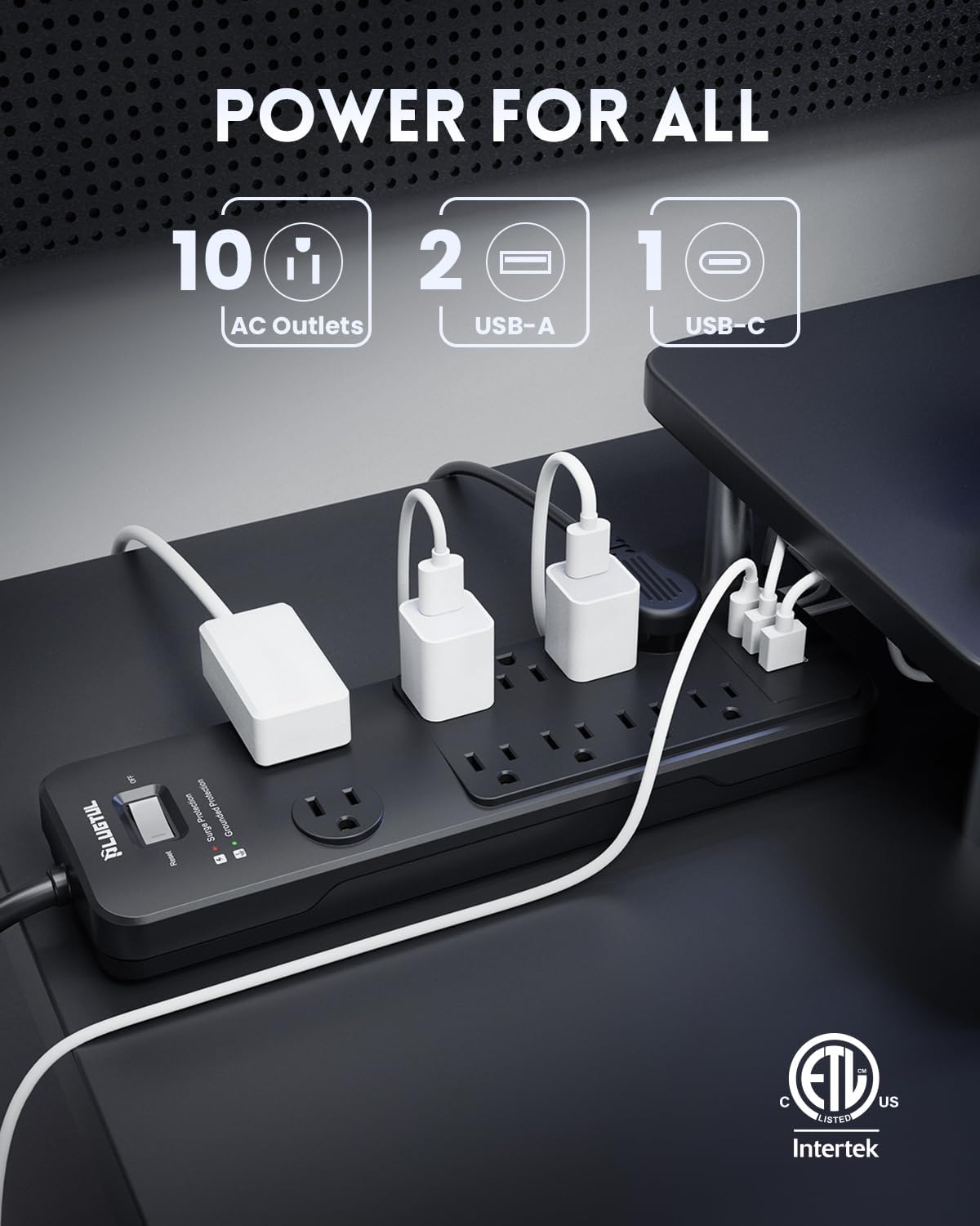 Surge Protector Power Strip 25FT, PLUGTUL Surge Protector with 10 Outlets - Spacious Design for Large Plugs, Flat Plug, 20W USB C Charging for Home, Office, ETL Listed, 2040J
