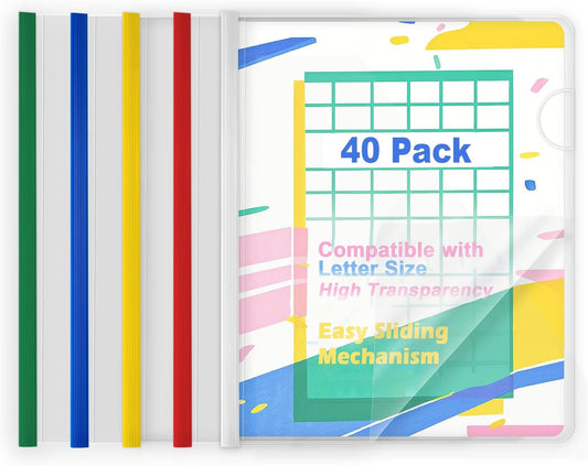TOTiyea 40 Pack Clear Report Covers with Sliding Bars, 9mm (70 Sheet Capacity) Colorful Sliding Bar File Folders, for Letter Size