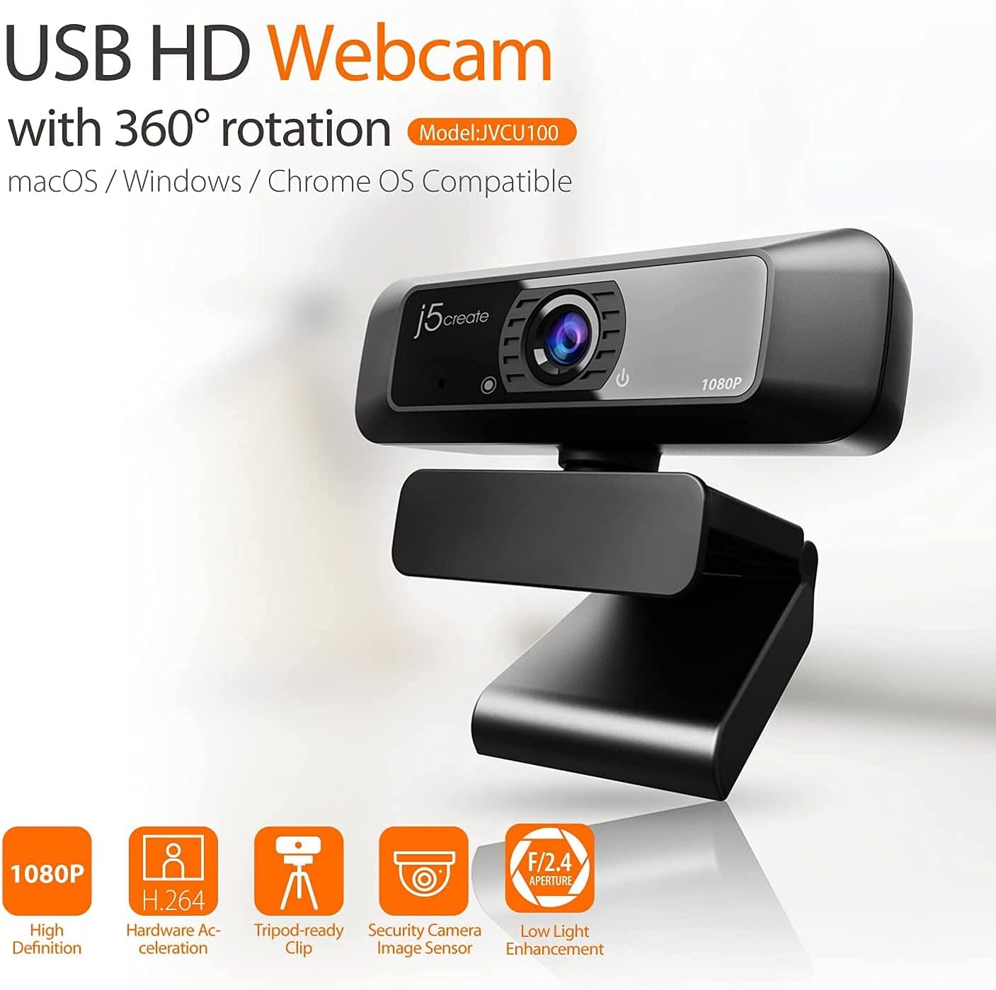 j5create USB Streaming Webcam - 1080P HD with 360° Rotation, High Fidelity Microphone, Plug and Play for PC/Mac/Laptop/Desktop/Skype/YouTube/Zoom/Facetime, Suitable for Conferencing/Calling (JVCU100)