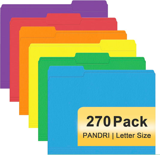 File Folder, PANDRI 270 Pack Colored File Folder, 1/3 Cut Tabs, Letter Size, Assorted 6 Colors Filing Folder for Office School Business
