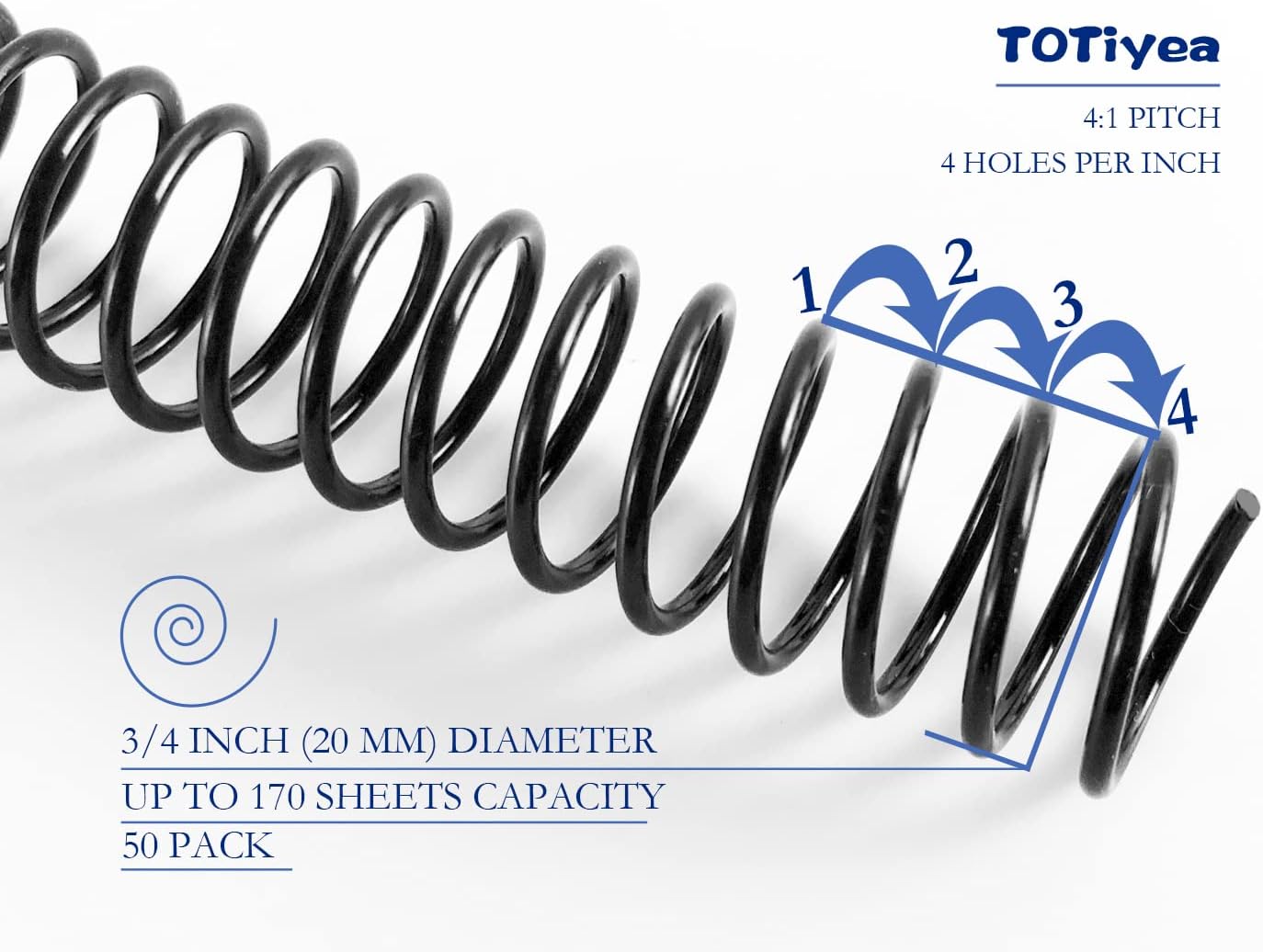 TOTiyea 50 Pack Plastic Spiral Binding Coils,20mm(3/4 ") Binding Spirals,170 Sheet Capacity,4:1 Pitch, Black