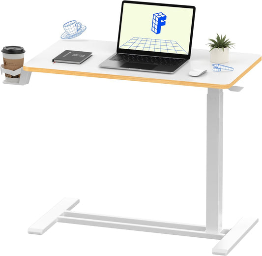 FLEXISPOT Mobile Standing Desk with Wheels Pneumatic Laptop Rolling Computer Cart Movable Height Adjustable Small Sit Stand Desk Computer Workstations Home Use（31.5" W x 17.7" D,White+Maple