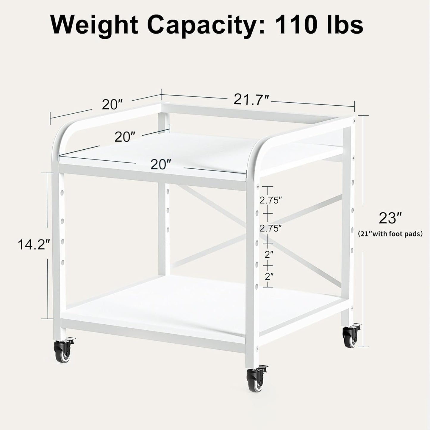 20 Inches Large Printer Stand, 2-Tier Under Desk Printer Table with Height Adjustable Shelf, Rolling Printer Cart with Industrial Wheels for Home Office (White)