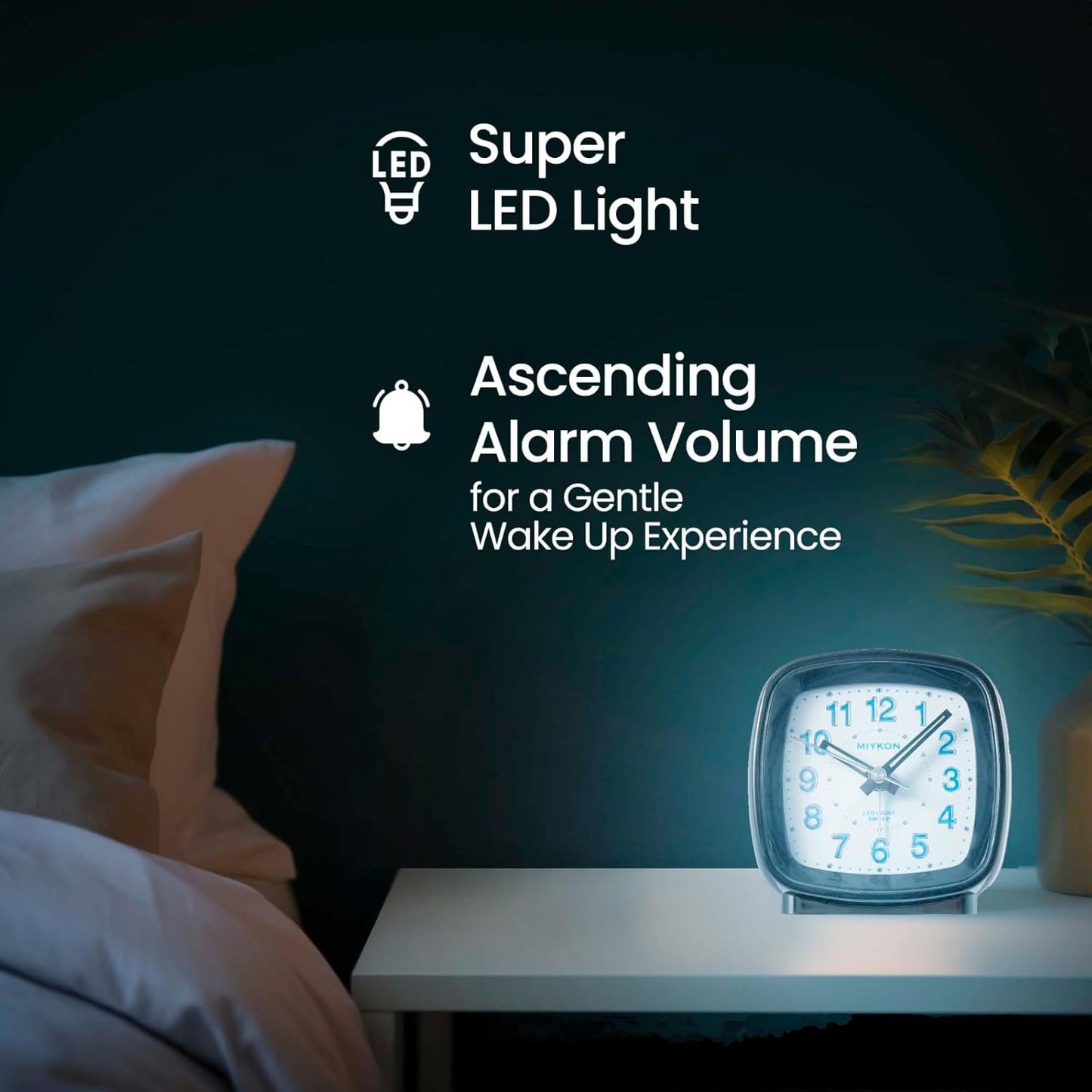 Miykon Small Square Analog Alarm Clock – Silent Non-Ticking, Battery Operated with LED Light & Snooze – Desk, Table, Travel or Bedside Clock for Bedroom, Office, Bathroom – Black 2.5 Inch