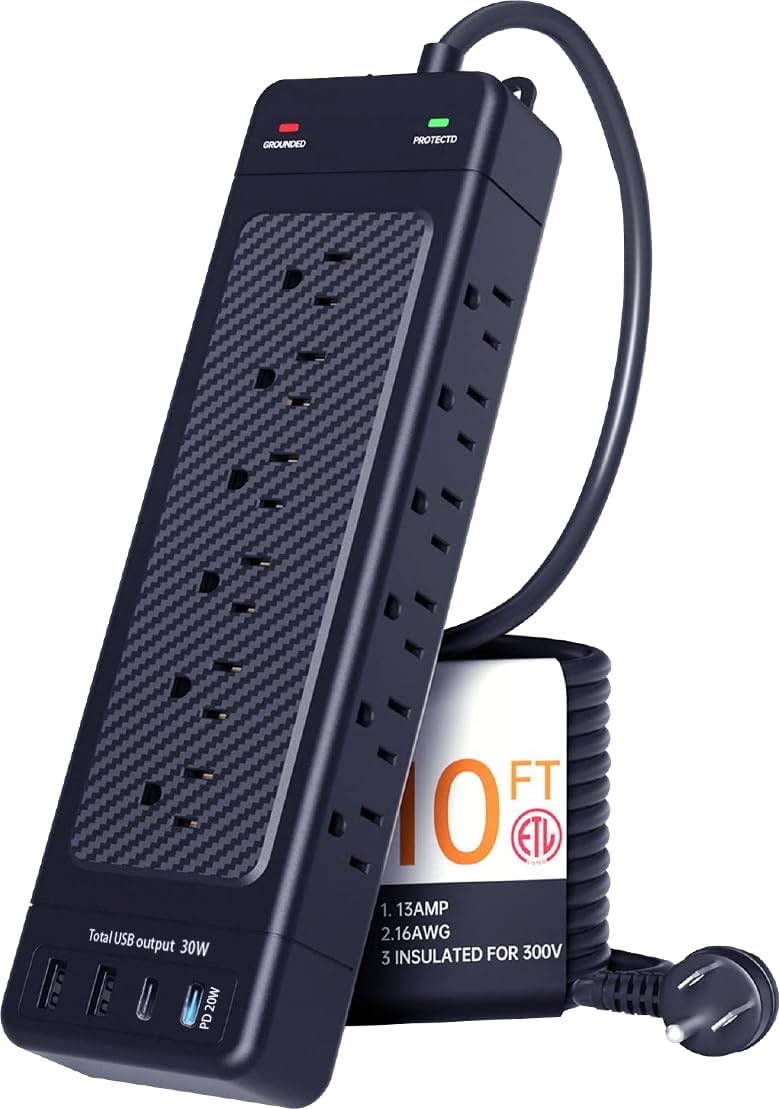 Surge Protector Power Strip Heavy Duty 10 ft Cord High Joules Protection (4800J)/18AC outlets/USBs (2A+2C PD20W)/1875W/15A,Flat Plug,Commercial,Industrial,Office,Home,College,Black,Insurance Coverage