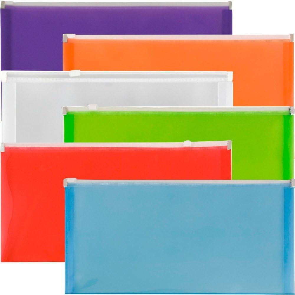 JAM PAPER Plastic Envelopes with Zip Closure - #10 Booklet Wallet - 5 1/4 x 10 - Assorted Colors - 6/Pack