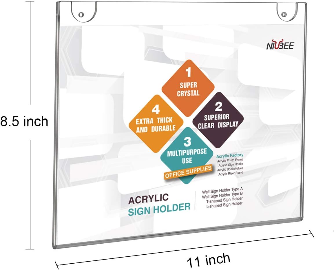 NIUBEE 24-Packs Acrylic Wall Sign Holder 8.5x11 Horizontal, Clear Plastic Picture Frames , Wall Mounted Design.