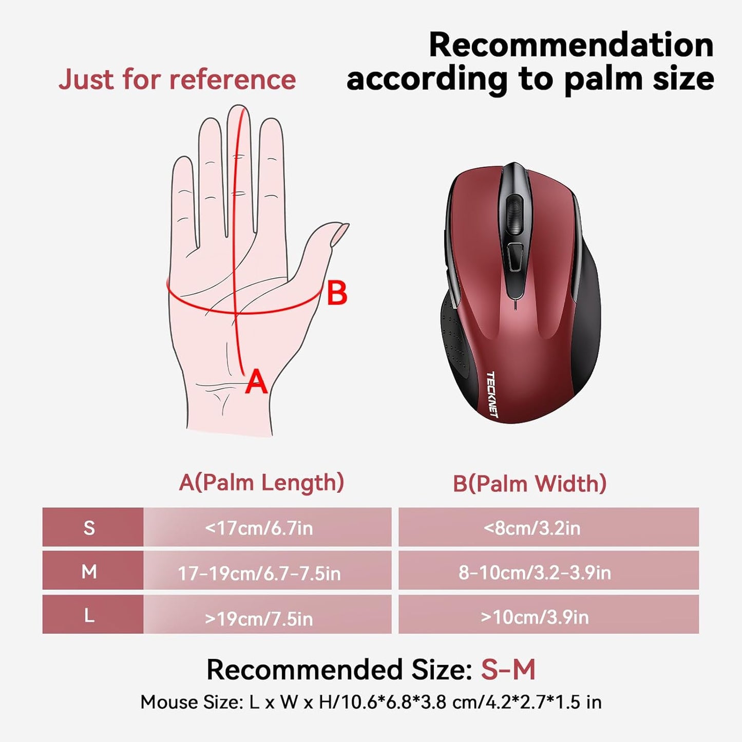 TECKNET Wireless Mouse (BT5.0/3.0 & 2.4G) Rechargeable 4800 DPI Silent USB A & Bluetooth Mouse 6 Buttons, Wide Compatibility - Red