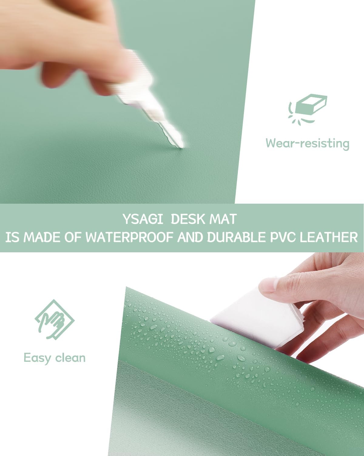 YSAGi Non-Slip Leather Desk Pad, Waterproof Laptop Computer Desk Keyboard Mat, Table Protector Blotter Mat, Large Mouse Pad for Office/Work/Home/Decor(Pale Green, 31.5" x 15.7")