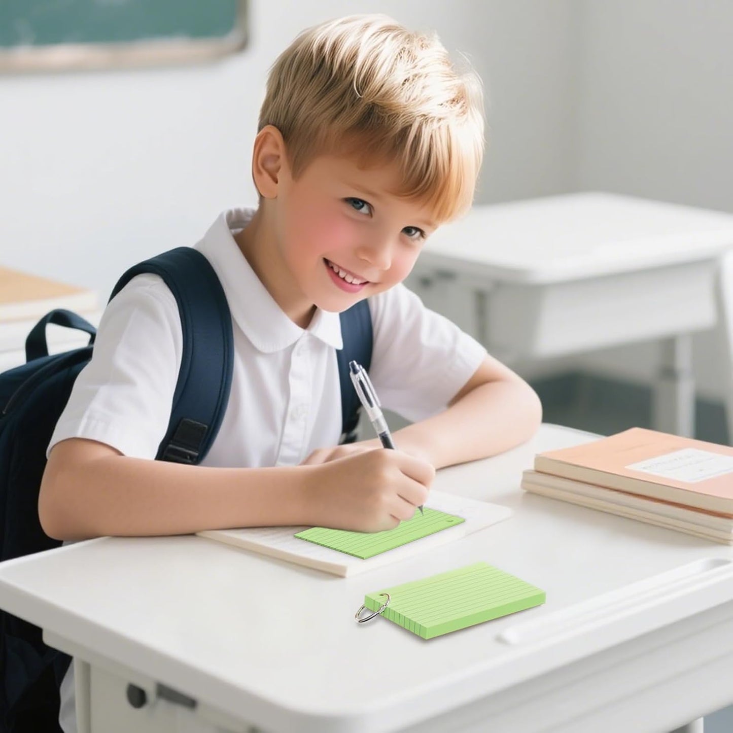 250 Count Green Index Cards 3x5 Inch with Key Ring, Color Flash Index Card (50 Sheets Each), Durable & Portable Note Taking for Students, Teachers, Study Note Cards for Office Home School