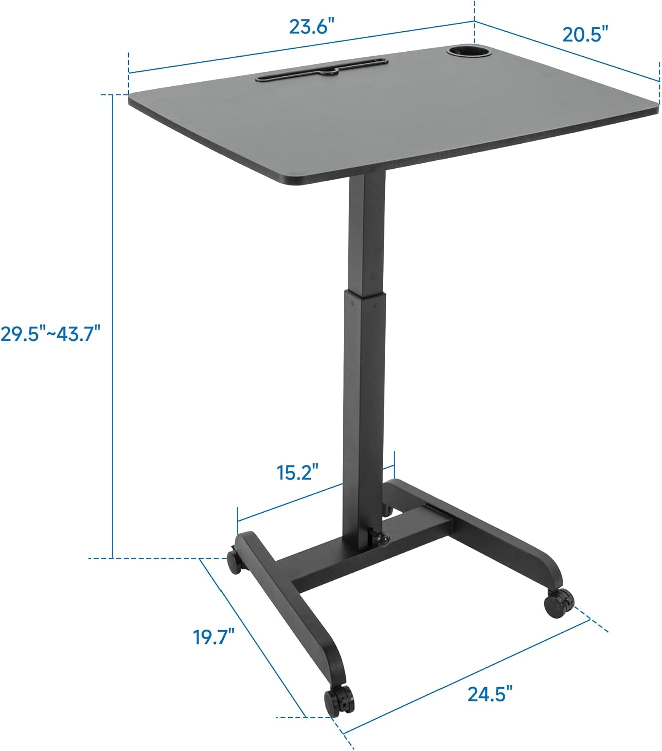 Rolling Laptop Desk Adjustable Height(29.5”- 43.7”)，Mobile Workstation Cart with 23.6" x 20.5"Desktop, Standing Desk Mobile Portable PC Table for Home,Office or Classroom in Black