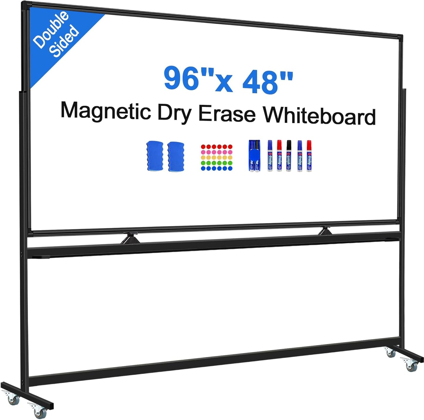 4'x8' Large Dry Erase White Board with Rolling Stand 96"x48" Double-Sided Mobile Magnetic Whiteboard on Wheels, Including 3 Magnetic Erasers, 7 Markers, 30 Magnets