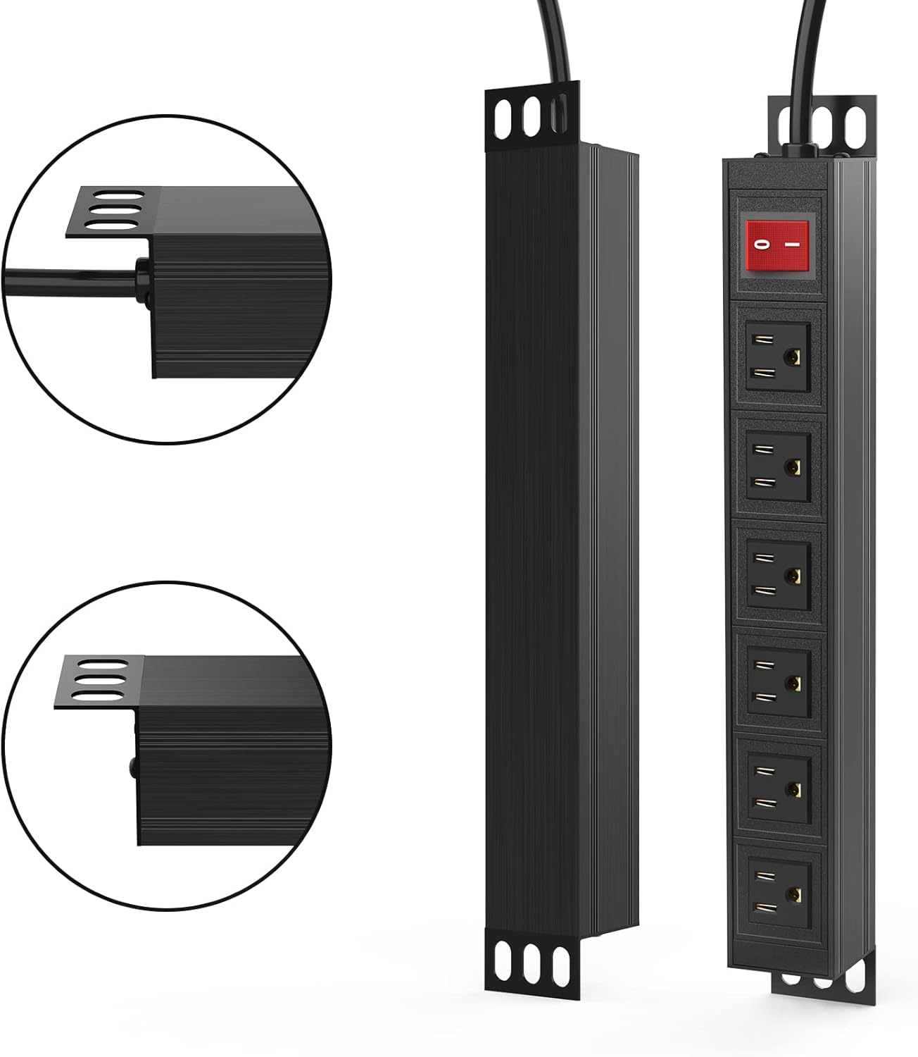 BTU 6 Outlet Power Strip, Metal Mountable Power Strip Surge Protector, Heavy Duty Wall Mount Power Outlet for Commercial, Industrial, Workshop, 6FT Power Cord, 15A/125V 1875W (Black 6FT)
