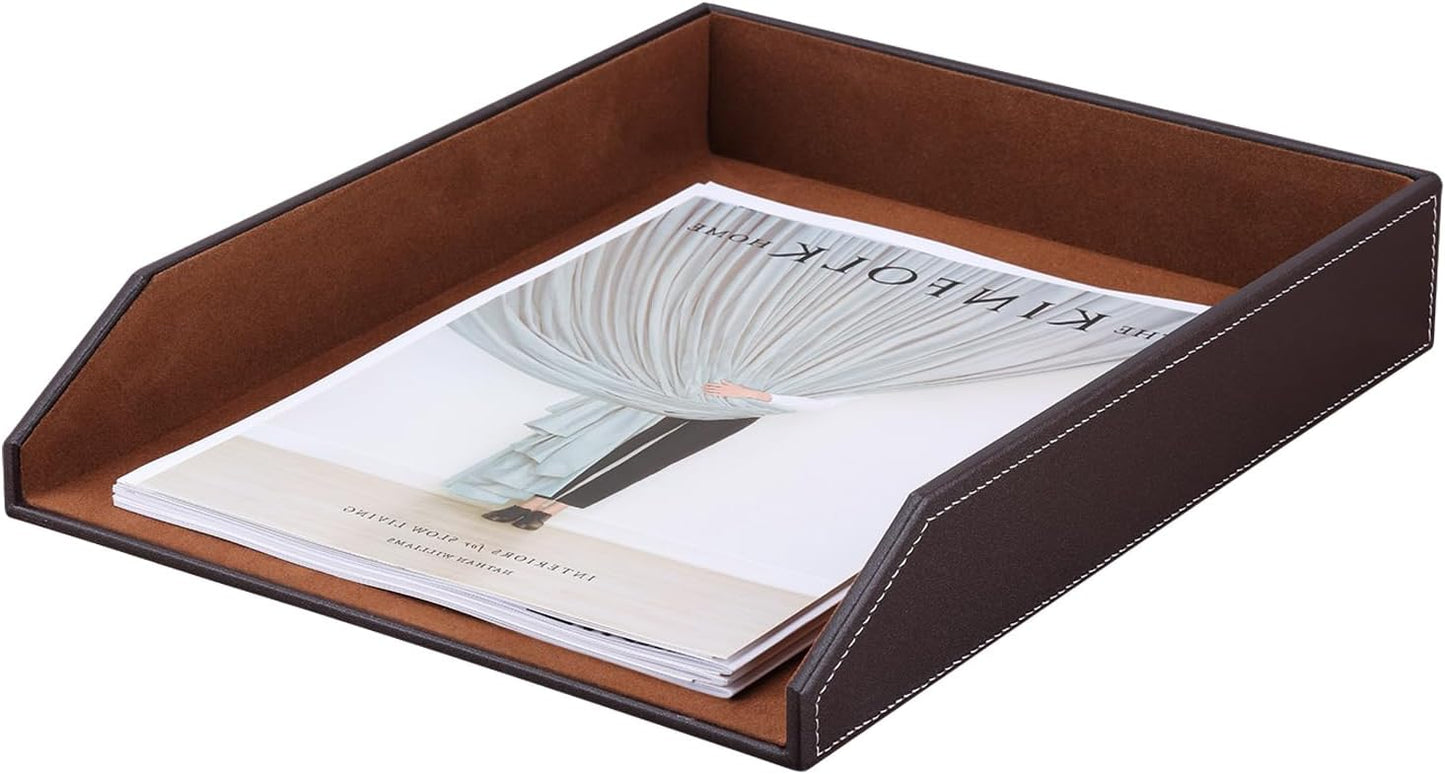 KINGFOM Letter Tray, PU Leather Paper Organizer Tray for Desk, Paper Organizer Storage Holder for Office Home or School A4 Size Brown