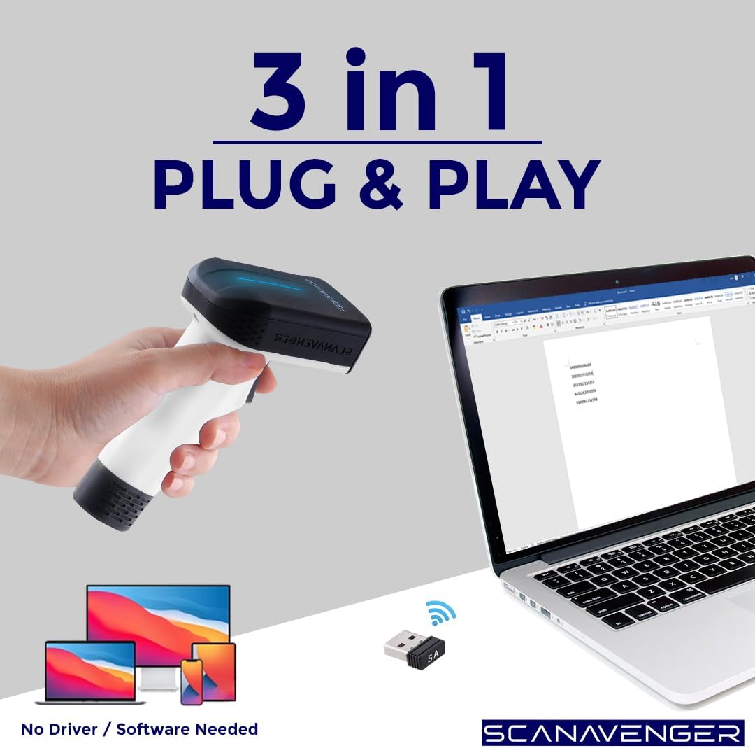 ScanAvenger Wireless Portable 1D&2D with Stand Bluetooth Barcode Scanner: Hand Scanner 3-in-1, Cordless, Rechargeable Scan Gun for Inventory - USB Bar Code/QR Reader (1D&2D Upgraded Next Gen Stand)