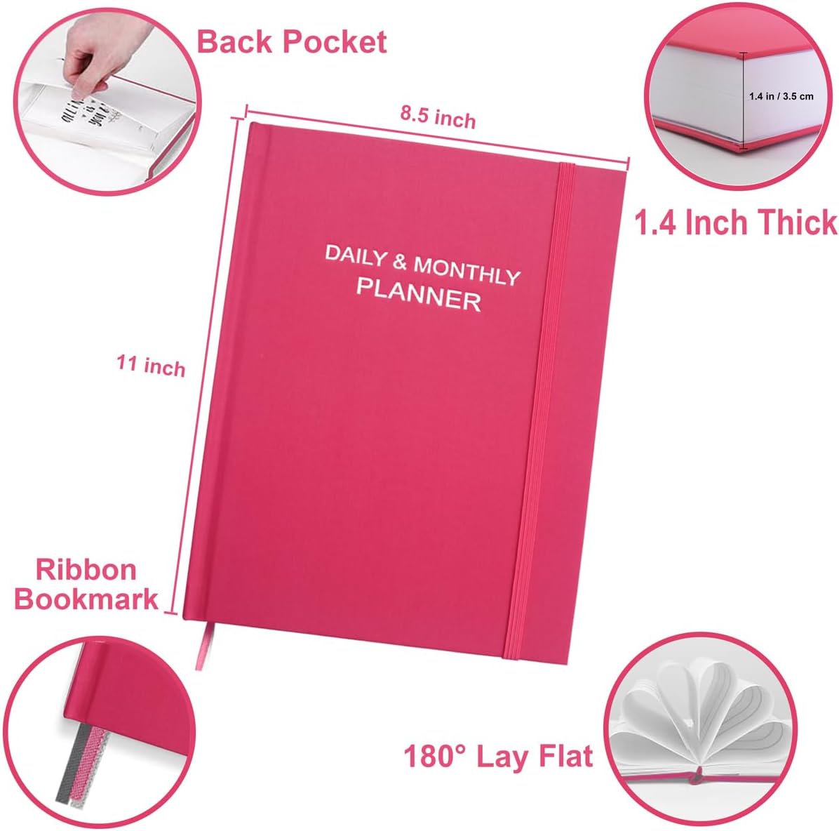 Daily & Monthly Planner for 2025 2026 or Anytime - ADHD Planner Two Pages Per Day, Daily Planner Undated to Increase Focus, Eliminate Overwhelm, Achieve Your Biggest Goals, 8.5'' × 11'', Pink