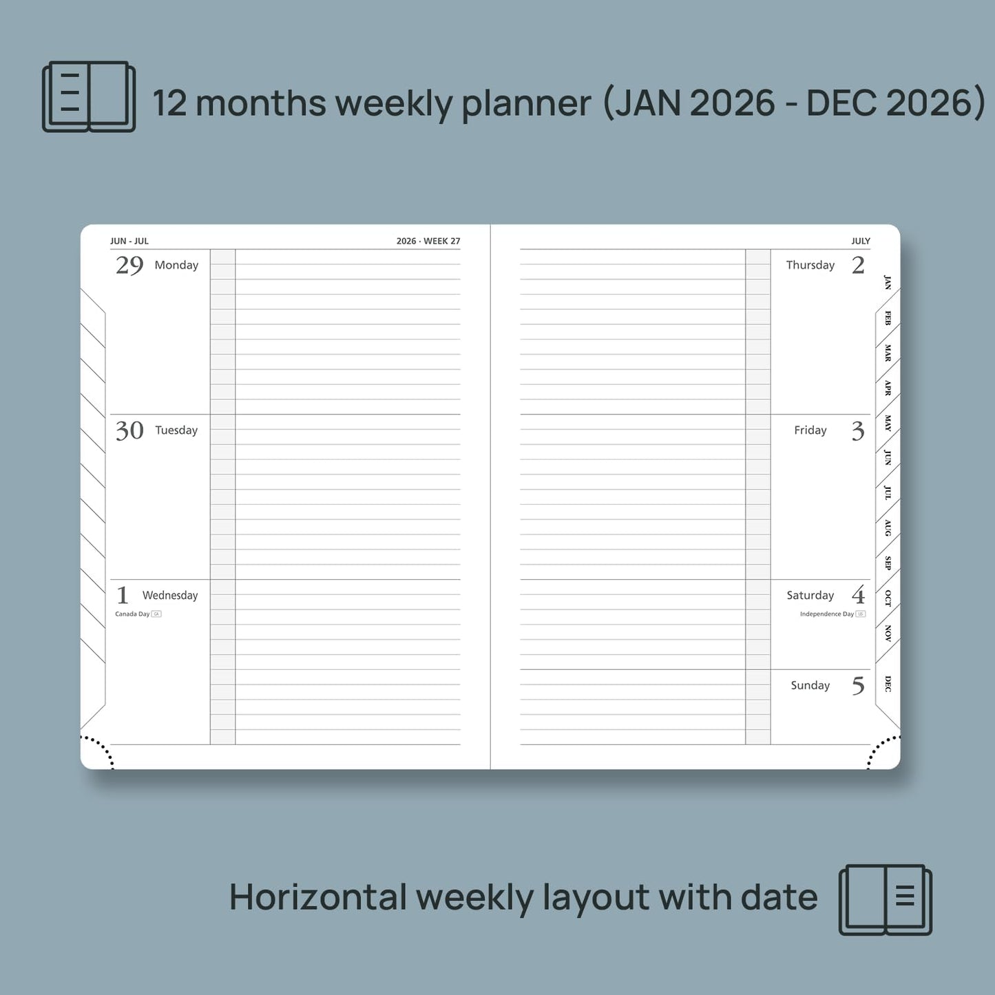 POPRUN 2026 Weekly Planner (Medium 6.75" x 8.75") 12 Months Calendar Notebook with Horizontal Layout, Leather Hardcover, Inner Pocket, 100GSM Thick Paper, Pen Holder - Pacific Green