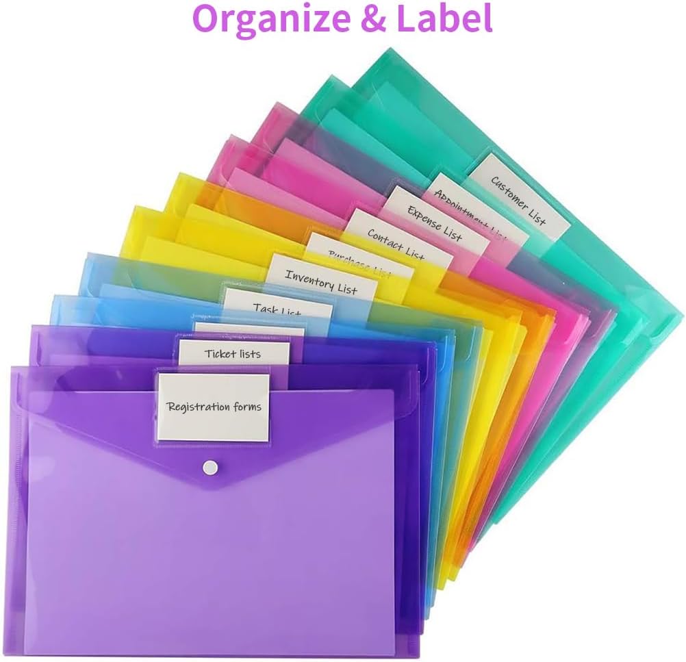 Sooez 12 Pack Folders Plastic Envelopes with Snap Closure, Clear Plastic File Folder for Document, Letter A4 Size Poly File Envelopes with Label Pocket for Home Work Office Organizer, 5 Colors