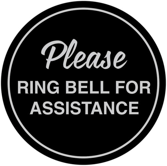 Signs ByLITA Circle Please Ring Bell For Assistance Wall or Door Sign | Easy Installation | Front Desk Reception Sign (Black/Silver) - Medium (10 Pack)