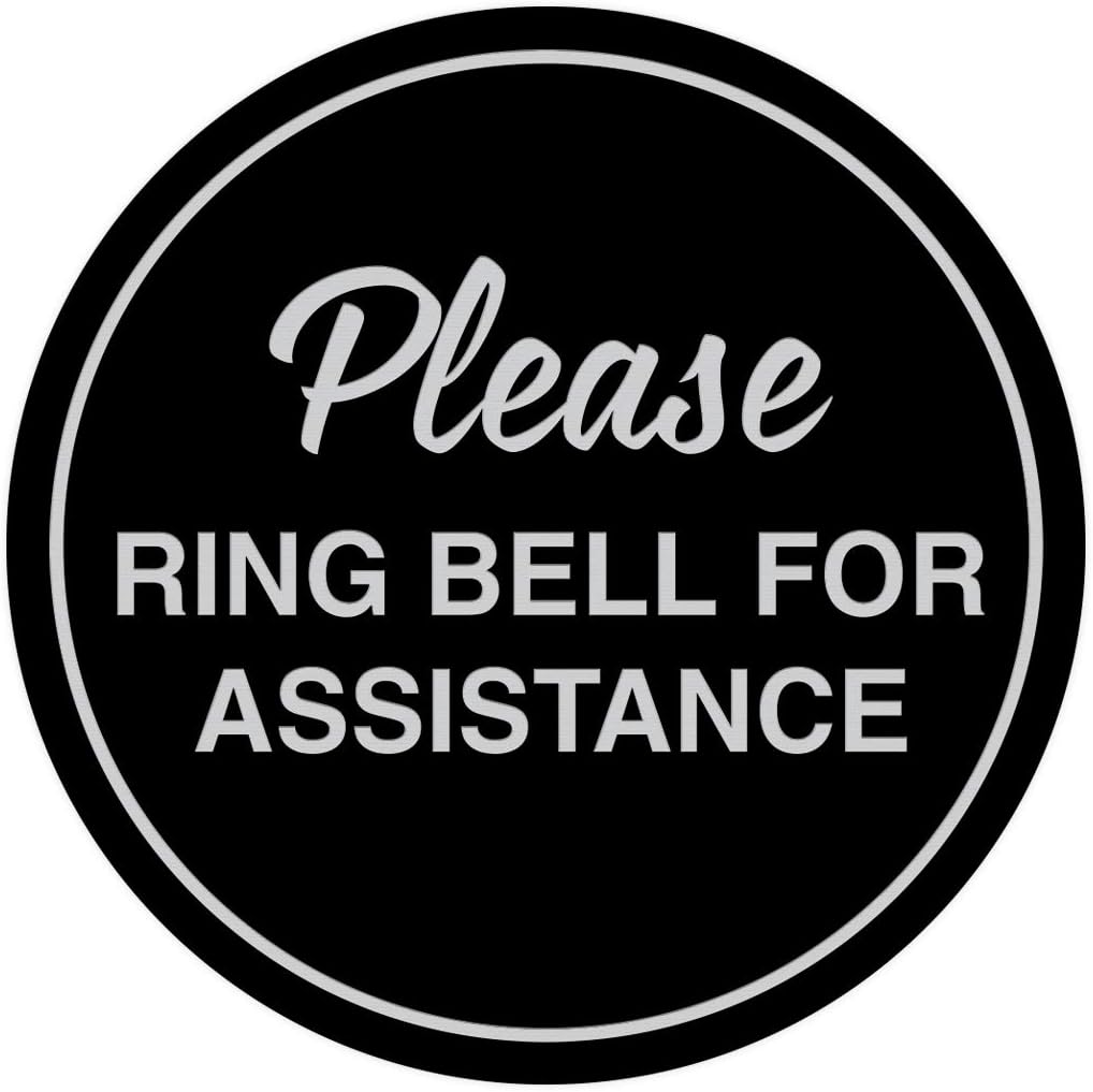 Signs ByLITA Circle Please Ring Bell For Assistance Wall or Door Sign | Easy Installation | Front Desk Reception Sign (Black/Silver) - Large (2 Pack)