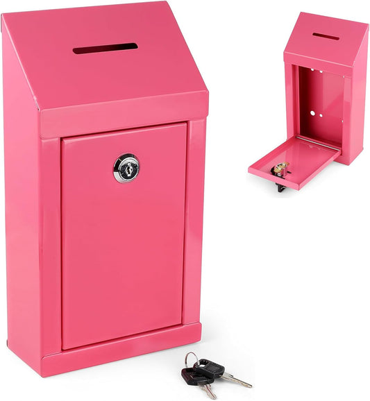 Metal Donation Box-Suggestion Box with Slot and lock-Cash Lock box for Money-Secure Drop Box-Comment and ballot voting box-comes with pre-drilled holes for easy wall mounting 10 X 6 X 2.5"(Pink)