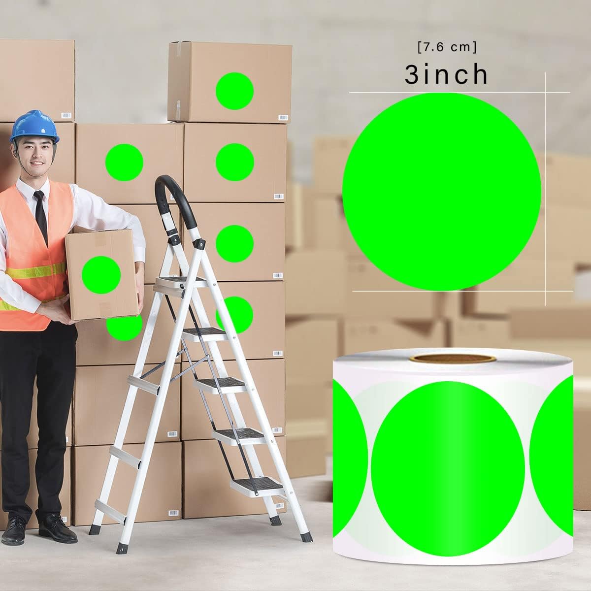 PARLAIM 3 Inch Color Coding Dot Stickers, 500 per Dispenser Box Color Coded Circle Label, Fluorescent Green Inventory Large Stickers