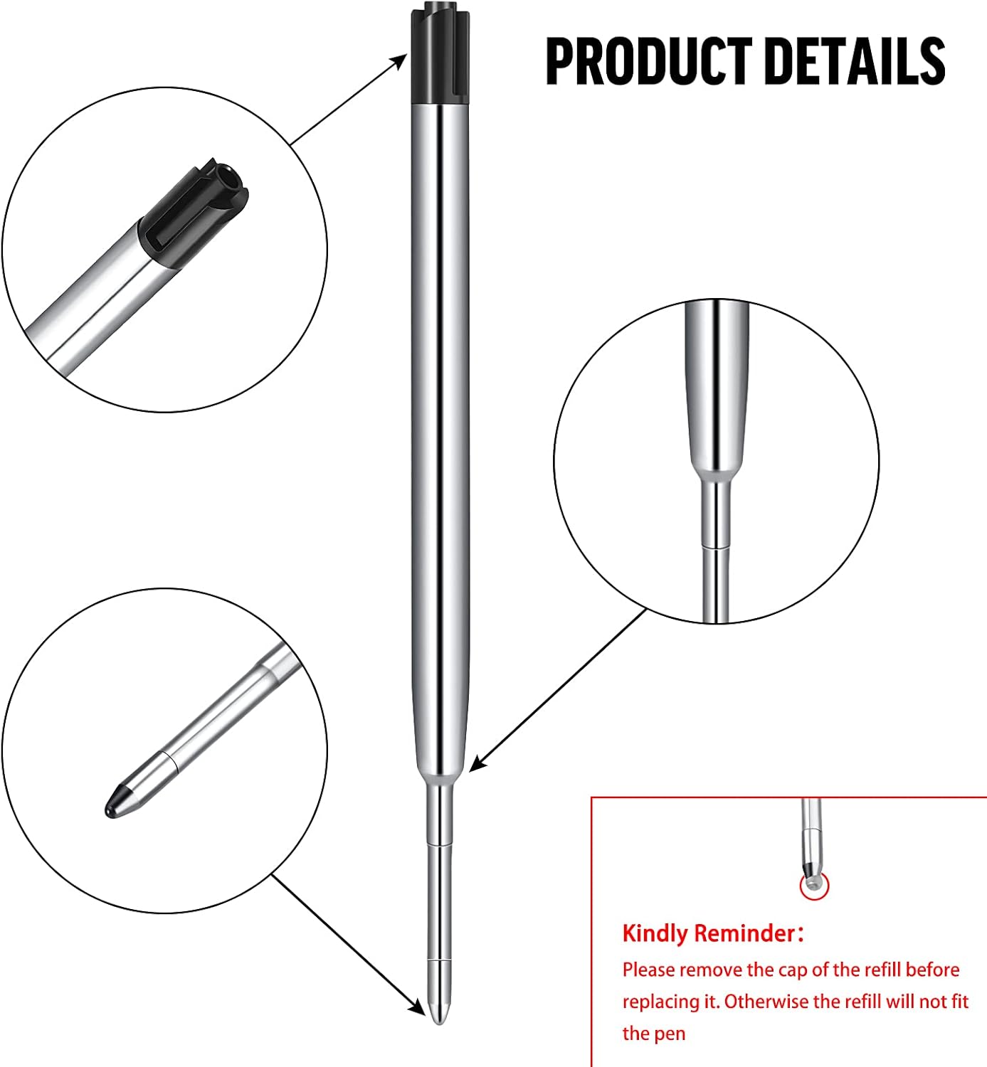 12 Pieces Pen Refills Black Ink 1.0mm Medium Point Metal Ballpoint Refill Smooth Writing Pen Refills Replacement Refills for Retractable Ballpoint Pen School Office Supplies (Black)