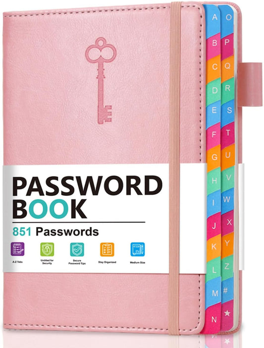 Password Keeper Book with Colorful Alphabetical Tabs, Hardcover Password Log-Book for Internet Password and Website Address, 5.8"×8.4" Password Notebook for Home Office (Pink)