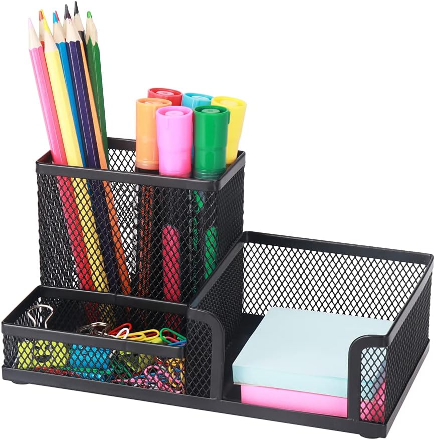 Desk Pencil Holders Desk Organizer Office Supplies Caddy with Sticky Notes Holder for Office School Home 3 Compartments Black