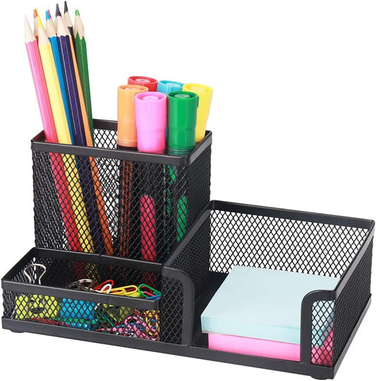 Desk Pencil Holders Desk Organizer Office Supplies Caddy with Sticky Notes Holder for Office School Home 3 Compartments Black
