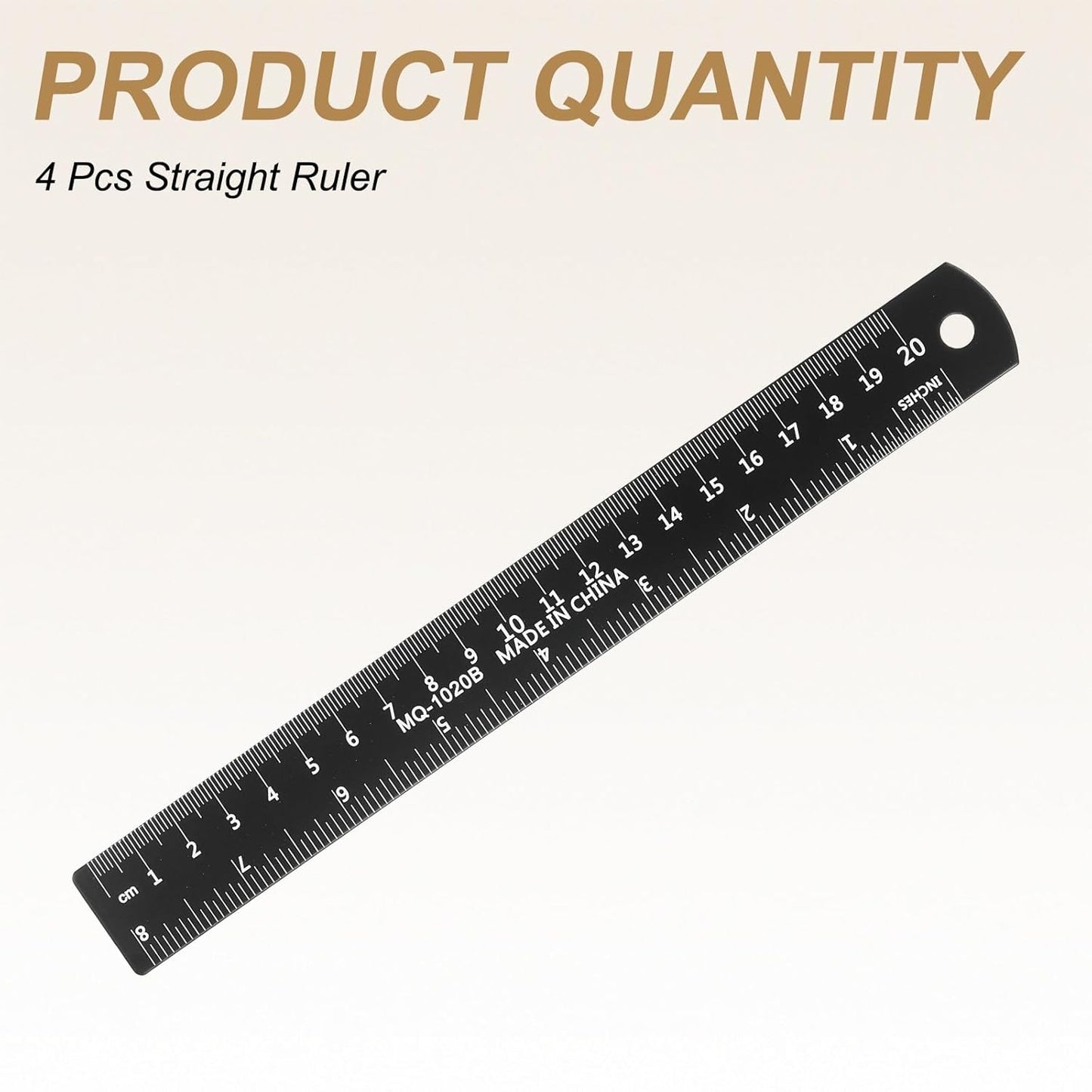 HARFINGTON 4pcs Metal Straight Ruler 20cm Metric SAE Aluminum Alloy Measuring Rulers Scale Tool with Hole for Measure Study Reading Classroom Office, Black