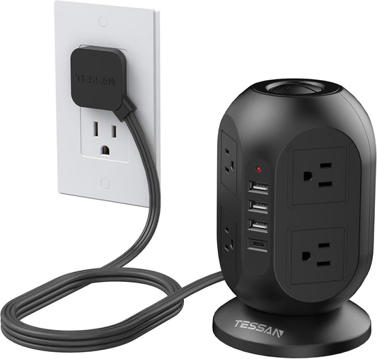 Surge Protector Power Strip Tower, TESSAN 10 ft Flat Extension Cord with Multiple Outlets, 8 AC Outlets 4 USB Ports (1 USB C), Charging Station with Surge Protection for Home Office Dorm, Black