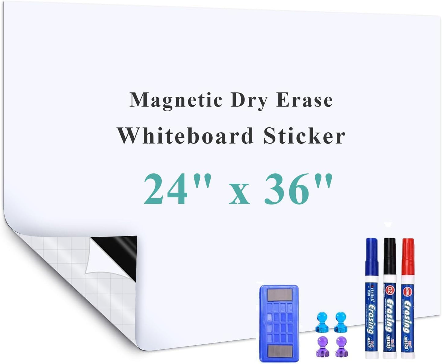 White Board Adhesive Contact Paper, 24" x 36" Stick on Magnetic Whiteboard Roll, Dry Erase Board for Wall, Easy to Write and Clean Magnetic Board for Kids, Office, Home, with Marker, Eraser
