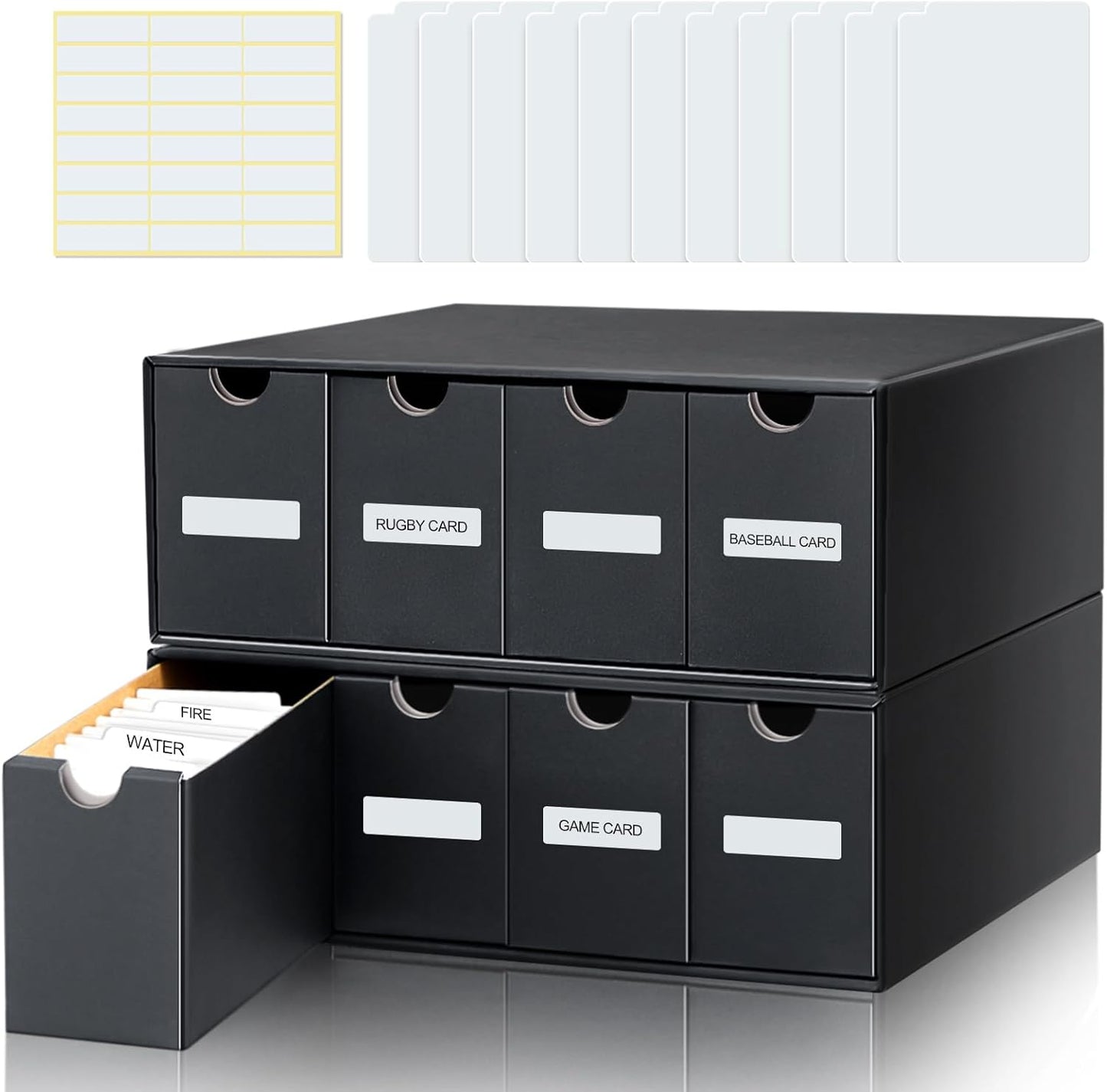 Cholemy Trading Card Storage Box 15000+ with 70 Cardboard Storage Divider, Label Sticker for Collection Compatible with TCG, Sport Cards(2 Row, 4 in A Row,Black)