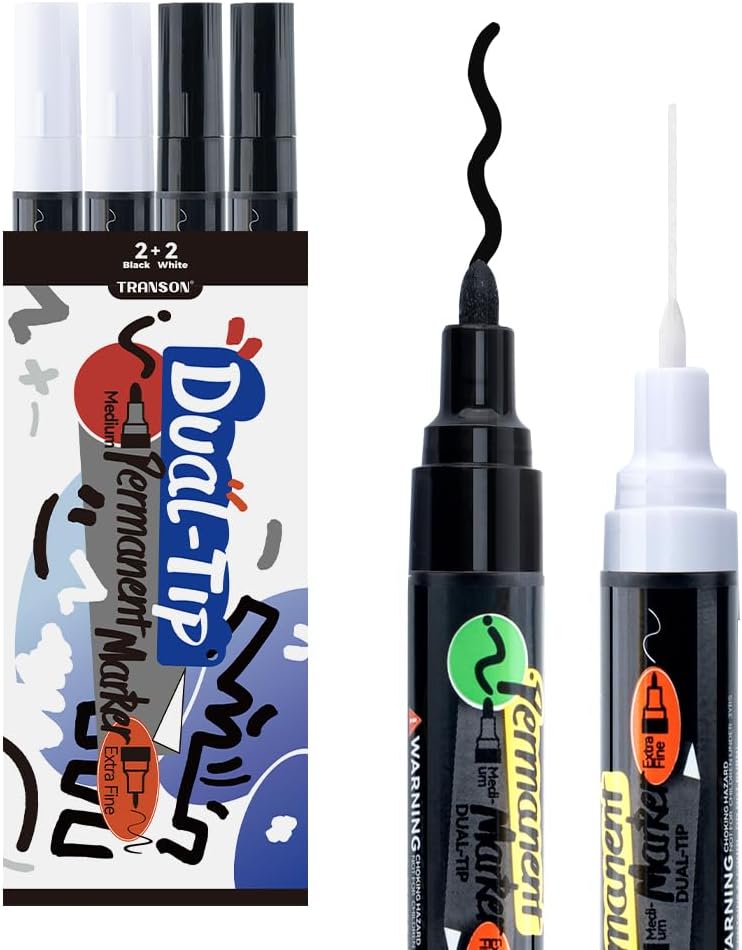 TRANSON 2 Black and 2 White Dual-tip Permanent Paint Markers Oil Based Waterproof