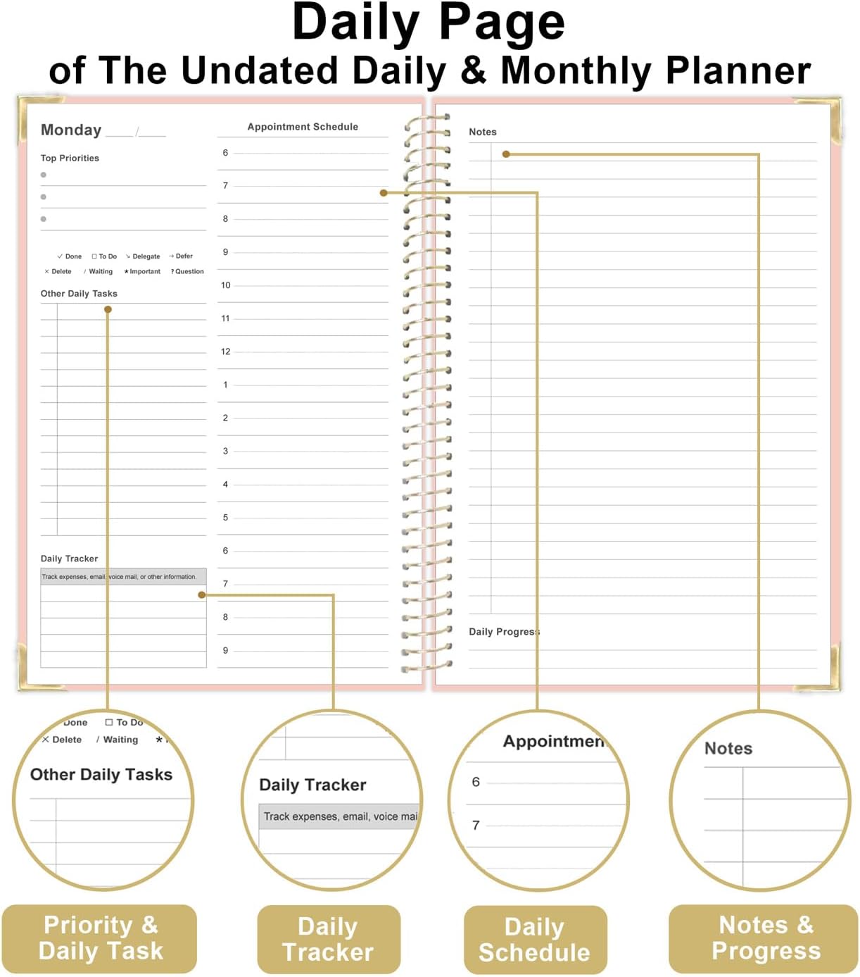 Undated Daily Monthly Planner for 2025 2026 - A5 To Do List with Hourly Schedule, Hardcover Spiral Bound Daily Planner to Increase Focus, Stylish School/Office Supplies, 5.8" x 8.5", Pink