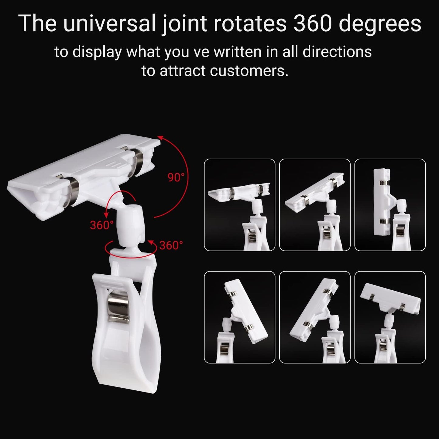 Display Clips, 10 Pack Double Head Rotating Reuse Food Sign Holder, Mini Plastic Chalkboard for Business, Party, Office, Exhibition (White)