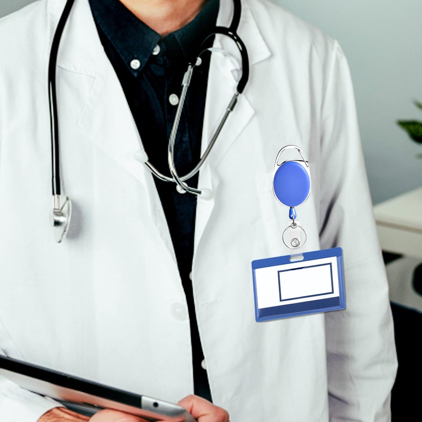 Retractable Badge Holder with Carabiner Reel Clip and Key Ring for ID Card Key Keychain Holders Blue 10 Pieces