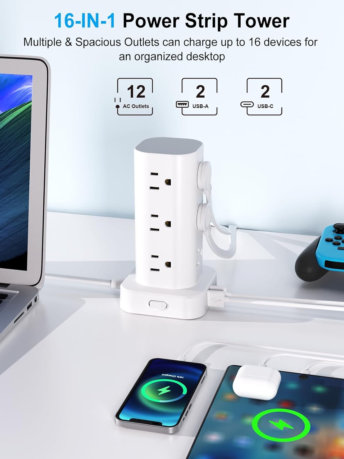 Power Strip Tower with Multiple Outlets, Flat Plug Surge Protector Tower Extension Cord with 12 AC Outlets 4 USB Ports (2 USB C), 10FT Cord Power Tower Surge Protector for Home Office Dorm Room, White