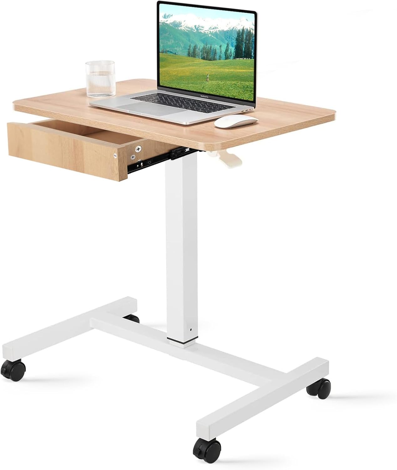 CLATINA Mobile Laptop Standing Desk, Height Adjustable Teacher Podium with Lockable Wheels, Adjustable Work Table with Drawer, Computer Cart Overbed Table for Home Office Classroom, Beige