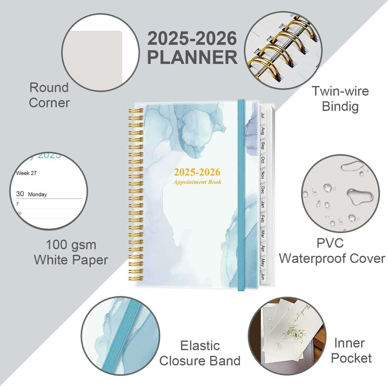2025-2026 Appointment Book & Planner - Hourly Planner from July 2025 - June 2026, Weekly Appointment Book 2025-2026 with 30-Minute Interval, 6.4" x 8.5", Blue Watercolor